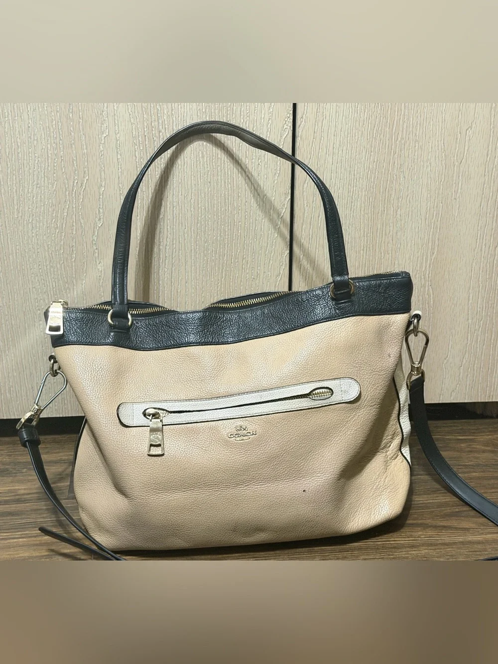 Coach Two-Tone Pebble Leather Shoulder Bag - Beige and Black